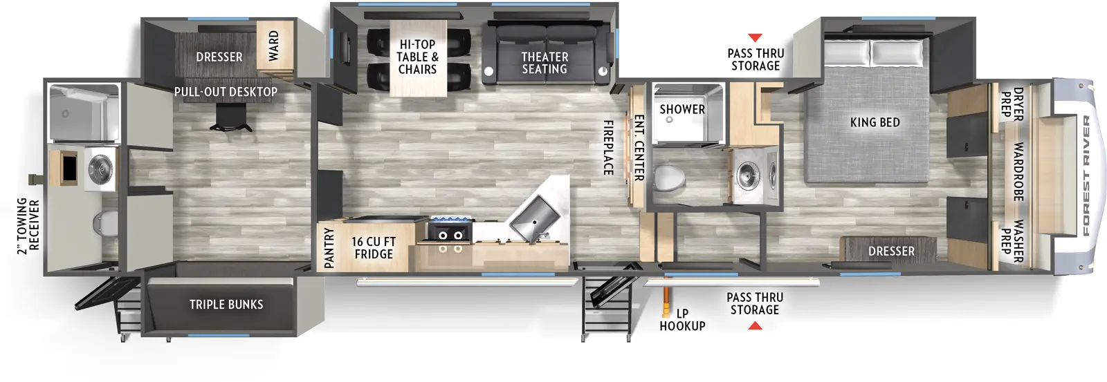 The 41DREAM has four slideouts and two entries. Exterior features pass-through storage, awning, and LP hookup. Interior layout front to back: wardrobe, off-door side king bed slideout, and closet with washer/dryer prep, and door side dresser; off-door side full bathroom with medicine cabinet; two steps down to main living area and entry; entertainment center with fireplace along inner wall; off-door side slideout with theater seating, and hi-top with chairs; door side kitchen counter with sink, cooktop, overhead cabinet, refrigerator, and pantry; door side slideout with bunk beds flip up above trundle below, and off-door side slideout with dresser, pull-out desk, and wardrobe; rear full bathroom with medicine cabinet and second entry.